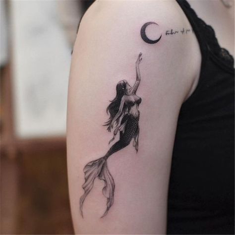 Blackwork mermaid tattoo on the arm reaching out to a crescent moon | www.otziapp.com Mermaid Tattoo, A Mermaid, A Tattoo, Tattoo On, Tattoo Designs, Mermaid, I Hope, Moon, Fish