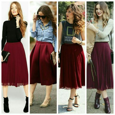 Maroon Skirt Outfit Summer, Burgundy Pleated Skirt Outfits Winter, Wine Pleated Skirt Outfit, Maroon Midi Skirt Outfit, Long Maroon Skirt Outfit, Long Burgundy Skirt Outfit, Burgundy Skirt Outfit Ideas, Maroon Skirt Outfit Ideas, Burgundy Pleated Skirt Outfits