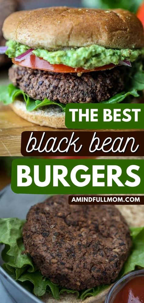 These easy black bean burgers are the BEST! While made with healthy ingredients, this meatless burger recipe is a flavorful family dinner idea. Egg-free, gluten-free, and vegan options for this main dish included! Vegan Bean Burger, Inexpensive Dinner Recipes, Vegan Black Bean Burger, Black Bean Burger Recipe, Meatless Burgers, Easy Burger Recipe, Black Bean Burger, Mushrooms And Onions, Veggie Burgers Recipe