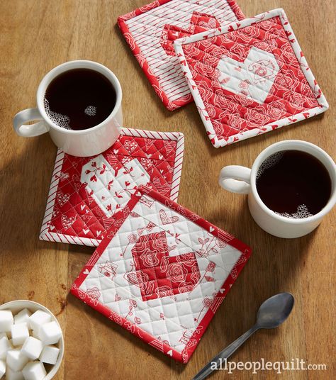 Easy Valentine’s Day Sewing Project, Mug Rug Quilt Patterns, Coffee Mug Rugs Free Pattern, Valentine Quilting Projects, Valentine Placemats Patterns, Valentine Coasters Diy, Heart Mug Rugs Patterns Free, Heart Mug Rug, Valentine Mug Rugs Free Pattern