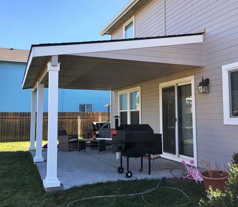 Covered Patio Off Garage, Lean To Patio Cover, Patio Covers Attached To House, Deck Extension, House Pergola, Patio Roofs, Slanted Roof, Screened Patio, Patio Upgrade