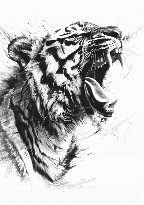 Tiger Roaring in Minimalistic Pencil Drawing Tiger Growling Drawing, Tiger Roaring Drawing, Drawing Of A Tiger, Rain Tattoo, Tiger Tattoos, Tiger Roaring, Tier Tattoo, Inspirational Digital Art, Geisha Tattoo