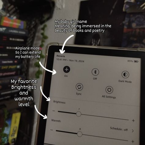 My kindle setting 🪐 Finally, I choose a name for my babygirl (Reverie 🥀). I'm such a moody person so this setting is fixed all the time and I really hadn't tried all the kindle fonts, yet🧸 #qotd what is your kindle setting? 🏷️ . . . . . . . #kindlelife #cozyreads #booklover #bookishlove #readinginspo #bookstagram #readersofegypt #bibliophile Moody Person, Airplane Mode, Names With Meaning, I Choose, Girl Names, Choose Me, A Name, Book Lovers