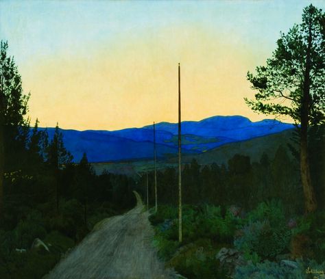 "The Country Road" by Harald Sohlberg via DailyArt app, your daily dose of art getdailyart.com Blue Road, Dulwich Picture Gallery, Jan Van Eyck, Romantic Themes, Edvard Munch, Camille Pissarro, Trondheim, Scandinavian Art, Alphonse Mucha