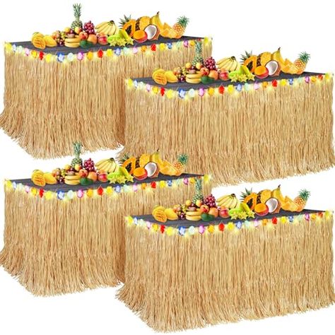 Aneco 4 Pieces Luau Grass Table Skirt Hawaiian Table Skirt Grass Skirt Table Fringe with LED String Light for Tropical, Hawaiian Themed, Birthday Party (Natural) Luau Table, Table Skirts, Hawaiian Party Decorations, Flowers Simple, Grass Skirt, Hawaiian Decor, Tropical Birthday, Hawaiian Theme, Hawaiian Party