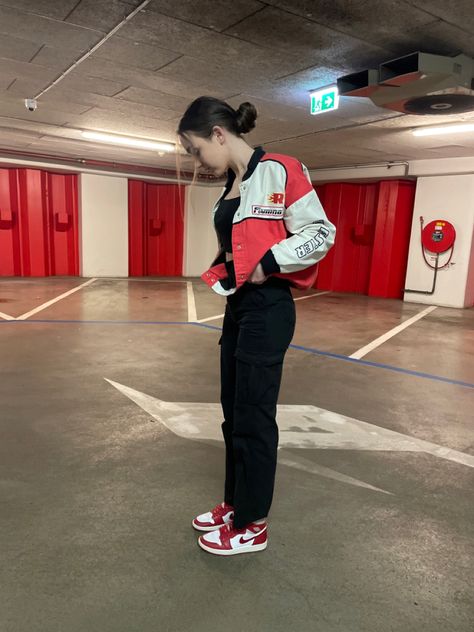 Jordan 1 Lows Outfit Women, Red Jordans Outfit For Women, Red Jordan 1 Outfit, Parking Garage Aesthetic, Red Sneakers Outfit, Jordan Outfits Womens, Black Shoes Outfit, Black Jacket Outfit, Red Shoes Outfit