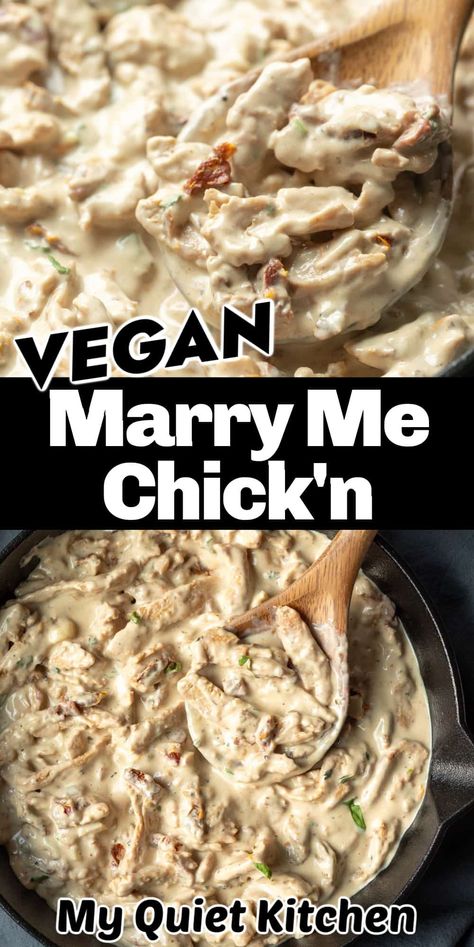 Vegan Marry Me "Chicken" is a plant-based twist on the Tuscan-style dish that has become an internet sensation. It features soy curls (or your favorite vegan chicken) smothered in a luscious, rich, garlicky cashew cream sauce with tangy sundried tomatoes for a flavor combination that is out of this world! Perfect for Valentine's Day, date night, or any special occasion where your goal is to impress. And despite its stunning presentation, this 1-pot dinner comes together easily in 35 minutes! Vegan Chicken Dishes, Vegan Rotisserie Chicken, Vegan Chicken Marsala, Vegan Chicken A La King, Special Vegan Dinner, Vegan Mains Recipes, Vegan Marry Me Chicken, Vegan Recipes With Coconut Milk, Vegan Clean Eating Recipes