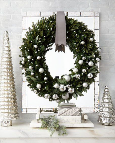 Green Ivy Leaf & Silver Ball Christmas Wreath, 32" at Neiman Marcus Christmas Wreaths & Garlands, Christmas Plants, Green Ivy, White Christmas Trees, White Christmas Decor, Xmas Wreaths, Ivy Leaf, Silver Christmas, Christmas Deco