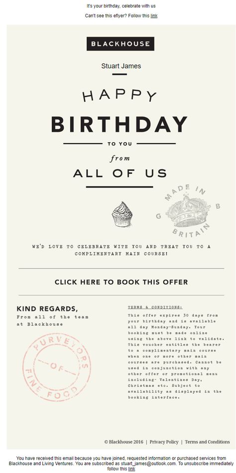 Birthday email with offer from Blackhouse Birthday Newsletter Design, Mailing Design, Birthday Email, Email Marketing Design, Newsletter Design, It's Your Birthday, Email Design, Birthday Design, Brand Marketing