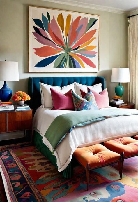 White Room Pop Of Color Bedroom, Bright Mid Century Modern Bedroom, Eclectic Interior Design Vintage Bedroom, Colorful Feminine Bedroom, Pink And Blue Master Bedrooms Decor, Bright Guest Bedroom, Fun Master Bedrooms Decor, Master Bedrooms Colorful, Primary Colors Bedroom