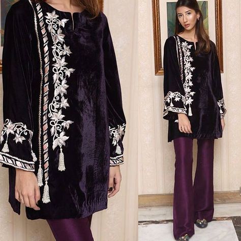 Winter Velvet Dresses, Frocks Short, Latest Velvet Dresses, Velvet Dresses Outfit, Velvet Suit Design, Kurti Fashion, Pakistani Winter Dresses, Velvet Dress Designs, Short Kurti