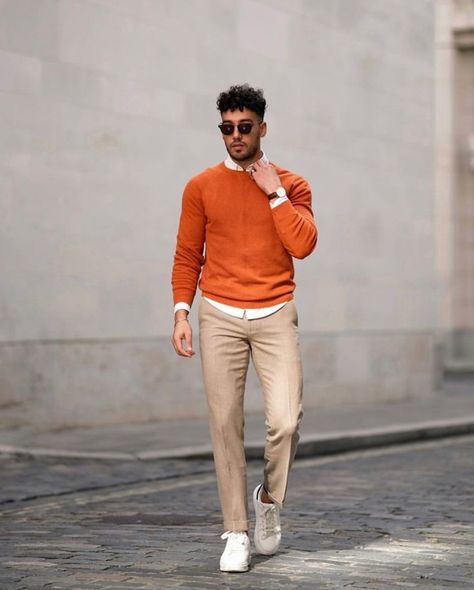 Men’s Style Destination on Instagram: “Casual fall outfit 👍or👎 Follow @mensstyledestination_ Credit: @youssefesawy . . . . . #mensfashion #mensclothing #fashion…” Dress Combination Men, Bar Night Outfit, Tan Pants Outfit, Orange Sweater Outfit, Upscale Lounge, Fall Shoe Trends, Sweater Outfits Men, Bar Night, Fall Shoe