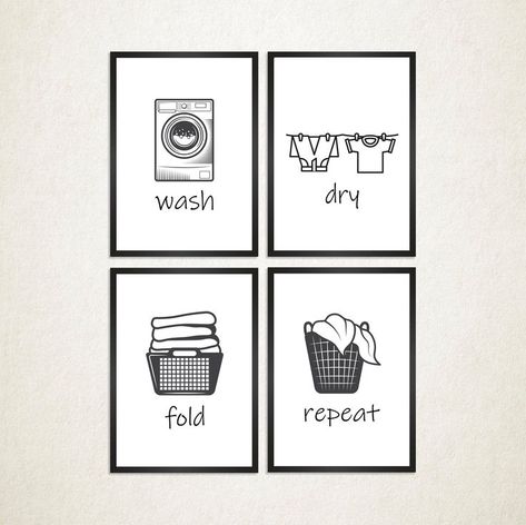 Laundry Room Quotes, Laundry Decal, Laundry Room Decor Diy, Wash Dry Fold Repeat, Laundry Room Wall Art, White Laundry Rooms, Laundry Wall, Laundry Wall Art, Wall Art Set Of 4