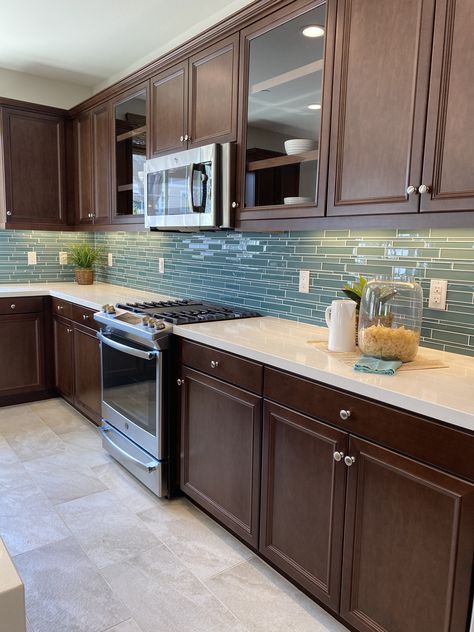 Aqua Backsplash, Kitchen With Dark Brown Cabinets, Kitchen Dark Cabinets, Brown Cupboards, Dark Brown Kitchen Cabinets, Kitchen With Dark Cabinets, Dark Brown Kitchen, Faucets Ideas, Dark Brown Cabinets Kitchen