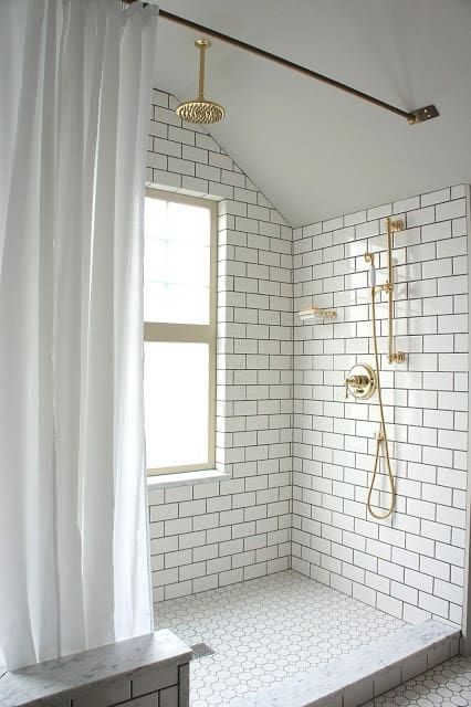 White Tiled Bathroom, Gray Ceiling, Dark Grout, White Subway Tile Bathroom, Tiled Bathroom, Subway Tiles Bathroom, Hex Tile, Stall Shower Curtain, Attic Bathroom