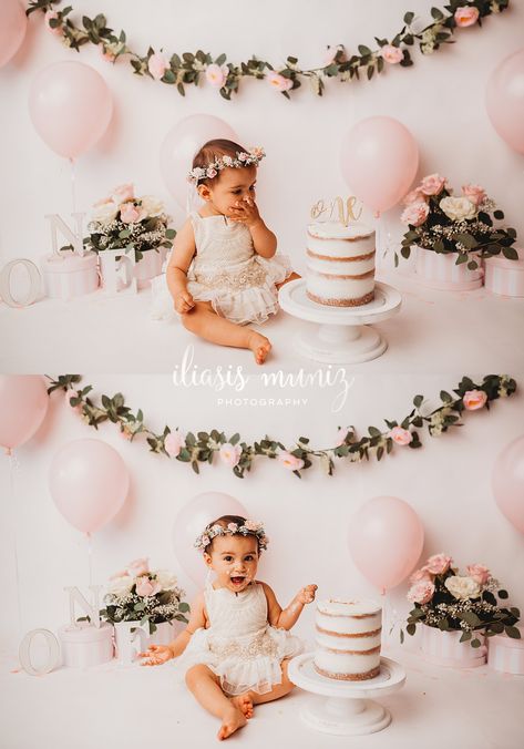 White Cake Smash Cakes, Pink And White First Birthday Photos, One Birthday Pictures, Balloon Arch Cake Smash, Princess Cake Smash Photography, White Backdrop Cake Smash, Smash Cake Diy Photo Shoot, Isn’t She Onederful Cake Smash, 1 Year Cake Smash Photoshoot