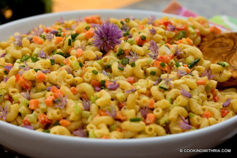 Trinidad Macaroni Salad Trini Recipes, Chive Blossom, Steak Bbq, Elbow Pasta, Chicken Bbq, Macaroni Salad Recipe, Baked Fries, Fruit Salad Recipes, Chopping Block