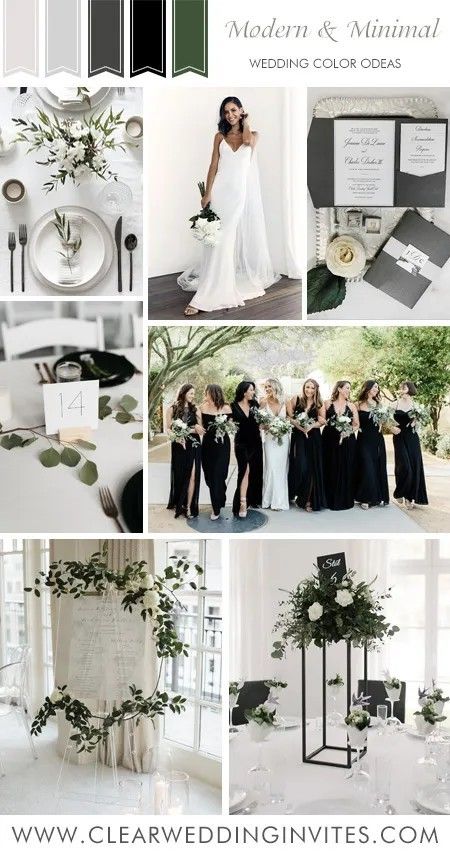 White Green And Silver Wedding, Black And Silver Winter Wedding, Wedding Color Scheme Black, Green Silver Wedding, Greenery Color Palette, Modern Black Tie Wedding, Greenery Wedding Ideas, Grey Wedding Theme, Wedding Theme Color Schemes