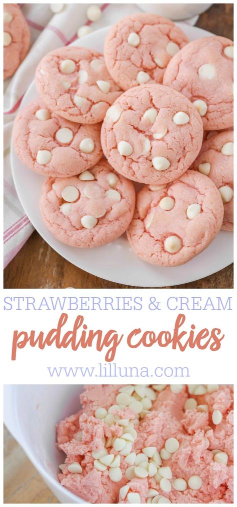 Soft & chewy Strawberry Cookies are filled with jello, pudding, and white chocolate chips, making them irresistible! #strawberrycookies #puddingcookies #strawberriesandcream #strawberry #cookies Container Cucumbers, Strawberries N Cream, Jello Cookies, Pudding Cookies Recipes, Strawberry Pudding, Cake Mix Desserts, Strawberry Jello, Pudding Cookies, White Chocolate Chip Cookies