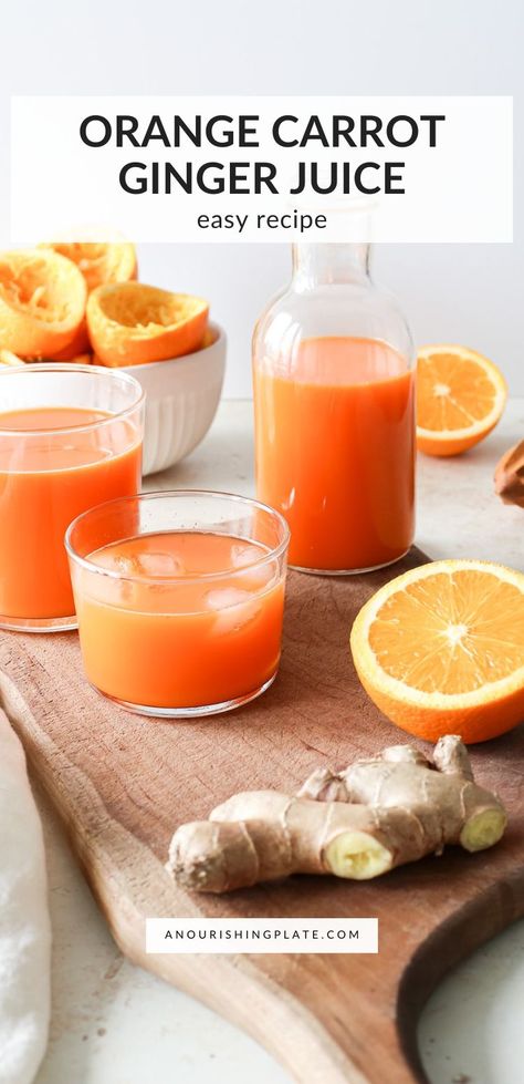 This homemade orange carrot ginger juice recipe is sweet, spicy, and rich in vitamin C making it a great way to boost your immune system. Plus, it's made in a blender, so no juicer is required! Carrot Ginger Juice, Orange Carrot Juice, Beet Juice Recipe, Jungle Juice Recipe, Fruit Juice Recipes, Nut Milk Bag, Beet Juice, Ginger Juice, Carrot And Ginger