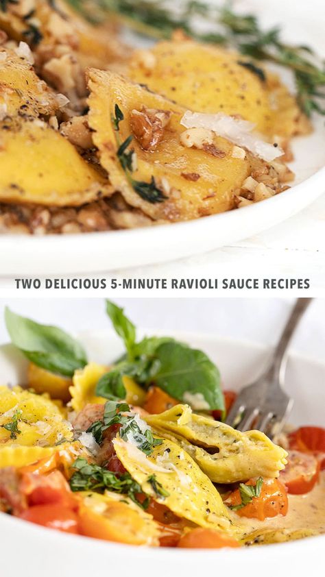 Sauce up your homemade or store-bought ravioli with these delicious 5-minute ravioli sauce recipes! Brown Butter and Walnut and Creamy Cherry Tomato and Garlic. Ravioli Sauce Recipes, Ravioli Sauces, Ravioli Sauce Recipe, Ravioli Sauce, Walnut Sauce, Diy Mixes, Cherry Tomato Sauce, Homemade Ravioli, Filled Pasta