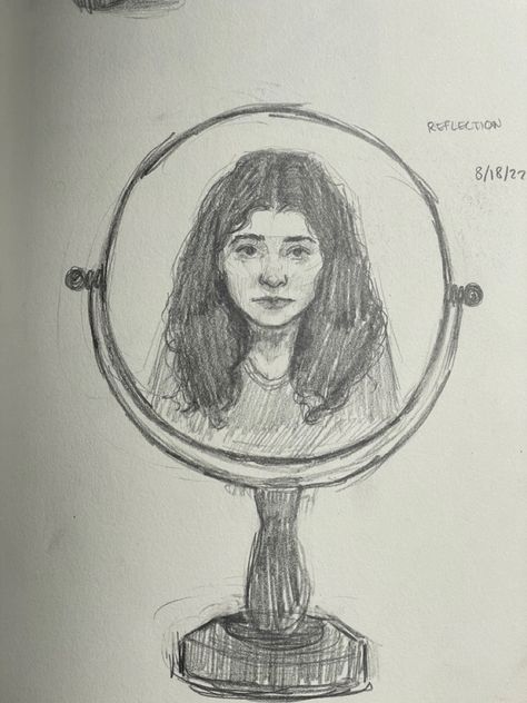 Drawing Of Mirror, Person In Mirror Drawing, Tired Person Reference, Looking In Mirror Reference Drawing, Mirror Drawing Easy, Mirror Drawing Reference, Person Coming Out Of Mirror Drawing, Reflection Drawing Reference, Mirror Drawing Sketches