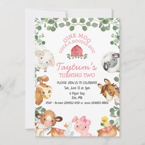 Farm Animals Red Barn Foliage Birthday Invitation | Zazzle.com Barnyard Party Invitations, Petting Zoo Birthday Party, Pink Farm Party, Petting Zoo Birthday, Editable Birthday Cards, Zoo Birthday Party, 2nd Birthday Party For Girl, Farm Birthday Invitation, Farm Animals Birthday Party