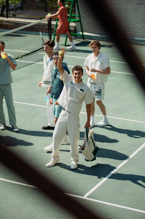 Yony’s Johnny Schwartz Took It to the Tennis Court for His New York Fashion Week Debut - V Magazine Court Photoshoot, Tennis Court Photoshoot, Tennis Lifestyle, Sports Campaign, Tennis Sweater, T Shirt Label, Embroidered Portrait, Tennis Gear, Professional Tennis Players