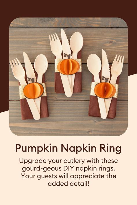 Upgrade your cutlery with these gourd-geous DIY napkin rings. Your guests will appreciate the added detail! Thanksgiving Napkin Rings Diy, Free Printable Thanksgiving Napkin Rings, Thanksgiving Paper Napkin Rings, Homemade Napkin Rings Cricut, Cricut Thanksgiving Napkin Rings, Napkin Ring Fall, Printable Napkin Rings, Pumpkin Napkin, Diy Napkin Rings