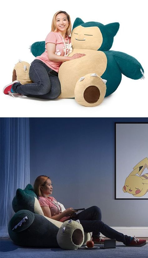 The monster shaped toy is 4 feet tall and 2 feet wide with its outer part made of 100% polyester. #chairdesign #pokemonchair #beanbagchair #chair Snorlax Bean Bag, Monster Shapes, Pokemon Snorlax, Inflatable Furniture, Unique Chair, Think Geek, Bag Chair, Aesthetic Bedroom, Bean Bag