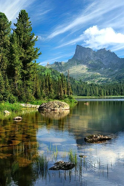 Lake in mountain Taiga Nature Park, Ergaki, Krasnoyarsk region, Russia. Taiga Biome Aesthetic, Taiga Aesthetic Nature, Fantasy Taiga Landscape, Taiga Landscape, Lake Scenery Landscapes, Taiga Biome, Beautiful Lake In Forest, Lake Fantasy Landscape, Taiga Forest