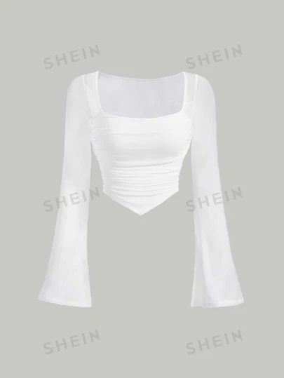 Shein Tops Shirts, Stylish Tops Fashion, Champagne Shirt, Flare Shirt, Scene Outfits, White Flares, Cute Dress Outfits, Hanky Hem, Flare Top