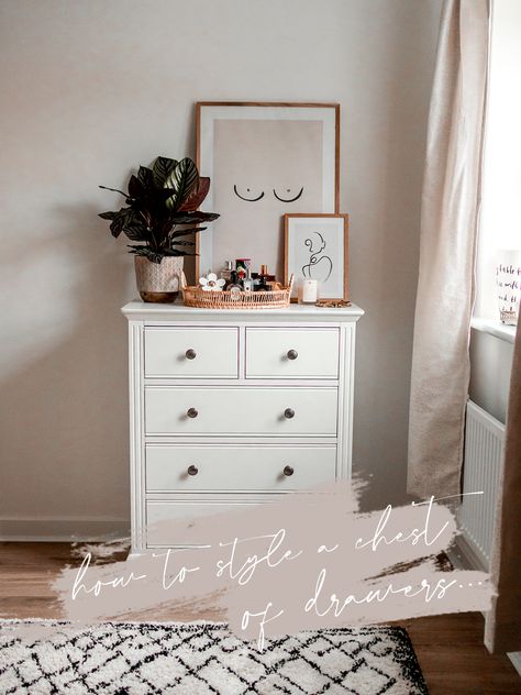 Styling Chest Of Drawers, Decor For Top Of Chest Of Drawers, Chest Of Drawers Top Decor, White Drawer Decor, Top Drawer Decor, Top Of Drawers Decor Bedroom, Top Of Drawers Decor, Tall Chest Of Drawers Bedroom Styling, Top Of Chest Of Drawers Decor