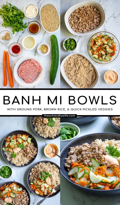 Asian Recipes With Ground Pork, Chicken Bahn Mi Bowl, Healthy Banh Mi Bowl, Turkey Bahn Mi Bowl, Pork Banh Mi Bowl, Banh Mi Bowl Pork, Ground Beef Bahn Mi Bowl, Bahn Mi Bowl Chicken, Bahn Mi Ground Pork