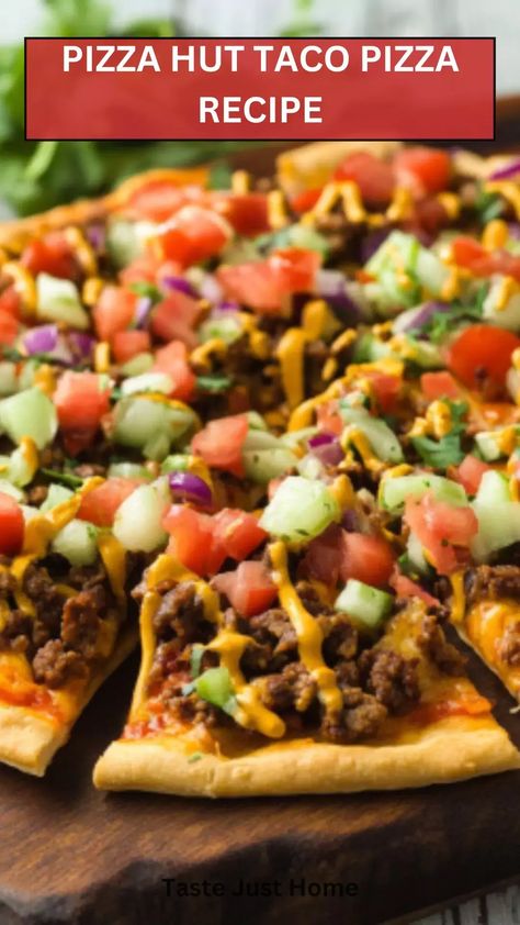 Pizza Hut Taco Pizza Recipe – Taste Just Home Pizza Hut Taco Pizza Copycat, Taco Pizza Pizza Hut, Pizza Hut Taco Pizza Recipe, Pizza Hut Stuffed Crust Recipe, Pizza Hut Taco Pizza, Homemade Taco Pizza Recipes, Homemade Taco Pizza, Taco Pizza Recipe, Taco Pizza Recipes