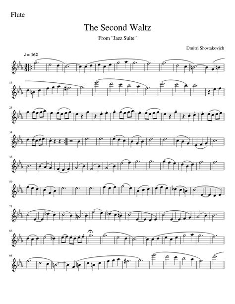 The Second Waltz - Flute Solo Waltz No.2 Shostakovich, Flute Sheet Music With Letters, Flute Sheet Music Popular Songs, Flute Solos, Flute Songs, Free Flute Sheet Music, Unfinished Symphony, Violin Notes, Flute Notes