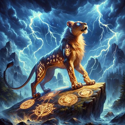 Mountain Lion Fantasy Art, Magic Lion Fantasy Art, Fantasy Lion, Elements Animals, Lightning Art, Mythical Creatures Fantasy, Hybrid Art, Spirit Animal Art, Wall Decor Crafts