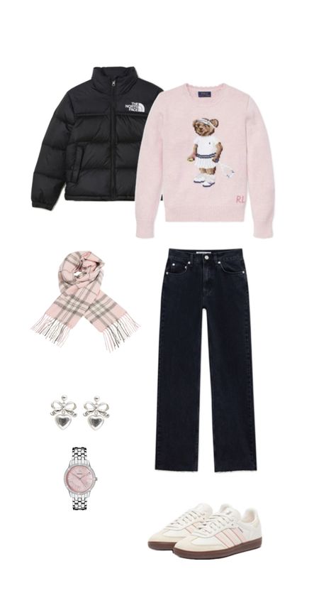 Coquette outfit winter snow Ralph Lauren sweater baby pink trendy adidas samba Zara jeans Burberry scarf Christmas ootd Coquette Outfit Winter, Pink Scarf Outfit, Ralph Lauren Sweater Outfit, Burberry Scarf Outfit, Christmas Ootd, Scarf Aesthetic, Cozy Winter Outfit, Coquette Outfit, Hijabi Fits