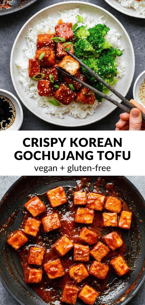 Korean Tofu Dish, Crispy Gochujang Tofu, Vegetarian Recipes Spicy, Spicy Korean Tofu, Vegan Gojuchang, Gochujang Tofu Bowl, Tofu Recipes Gochujang, Gochujang Recipe Dishes Vegetarian, Crispy Korean Tofu