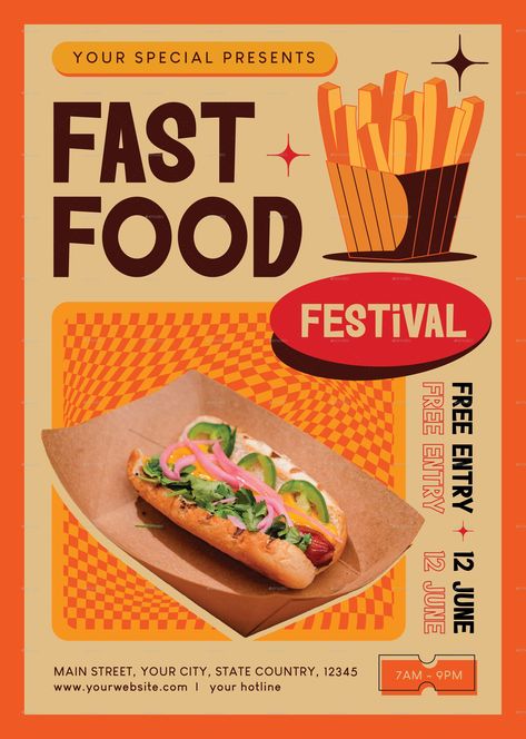 Fast Food Festival Flyer Food Giveaway Poster, Fast Food Poster Design Ideas, Food Festival Design, Fast Food Branding, Fast Food Poster, Food Flyer Design, Food Festival Poster, Food Giveaways, Street Food Design