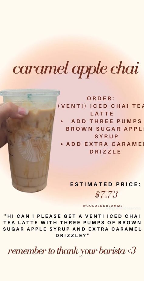 Random Starbucks Drinks, Starbies Drinks, Apartment Recipes, Menu Starbucks, Starbucks Ideas, Apple Chai, Starbucks Fall Drinks, Starbucks Drink Menu, Tea Lattes