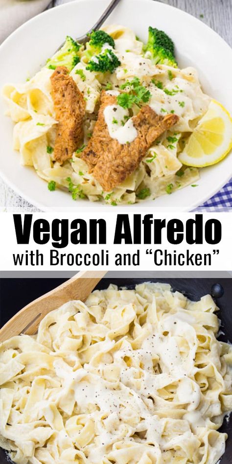 Vegan Chicken Alfredo, Alfredo With Broccoli, Textured Vegetable Protein, Broccoli And Chicken, Vegan Alfredo, Vegan Chicken, Vegan Pasta Recipes, No Dairy, Vegan Italian