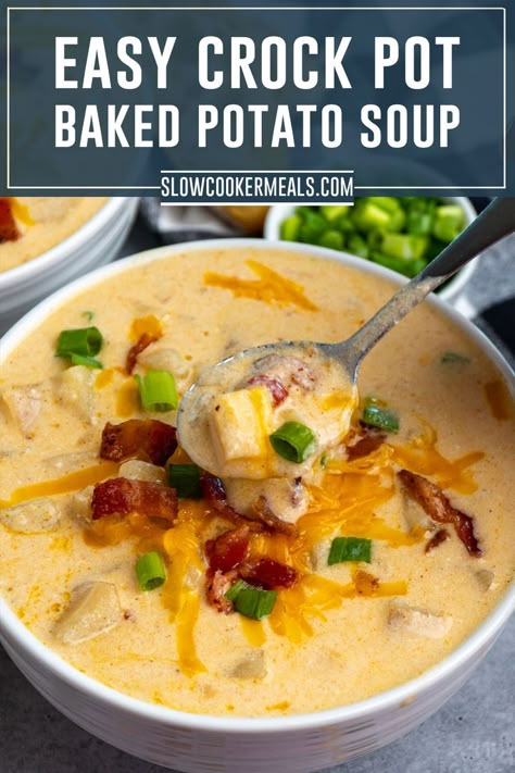 A spoon holding some baked potato soup. Crock Pot Baked Potato Soup, Soup Crock Pot Easy, Baked Potato Soup Crock Pot, Potato Soup Crockpot, Potato Soup Crockpot Recipes, Soup Crockpot Recipes, Crock Pot Potato Soup, Baked Potato Soup Easy, Potato Soup Crock Pot Easy