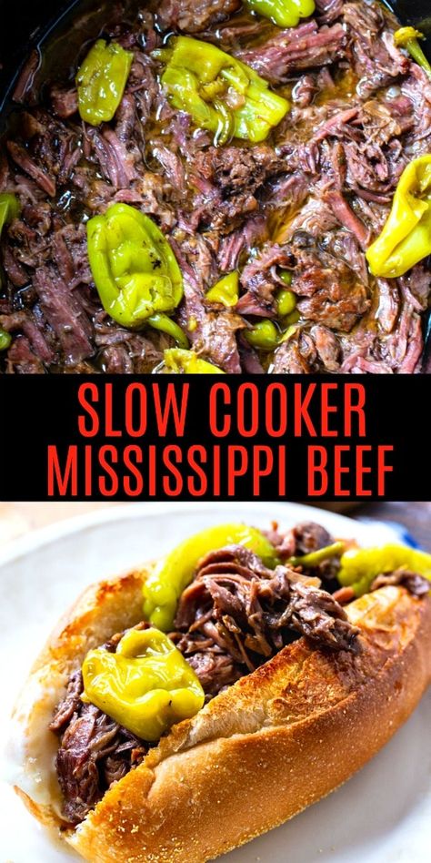 Slow Cooker Mississippi Beef with lots of pepperoncini peppers. Chirothin Diet, Mississippi Beef, Roast With Pepperoncini, Roast Beef Crock Pot Recipes, Mississippi Roast Recipe, Shredded Beef Recipes, Crockpot Steak, Sunday Lunches, Mississippi Roast