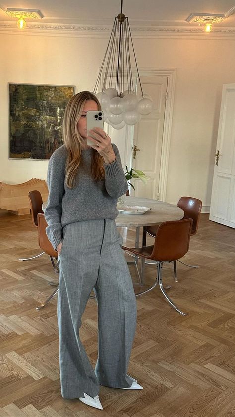 Light Gray T Shirt Outfit, Grey Fashion Outfits, Satin Pants Outfit Work, Mono Chrome Outfits, Hosting Outfits At Home, Grey Monochrome Outfit, Grey Wool Pants Outfit, Monochrome Work Outfit, White Mock Neck Top Outfit