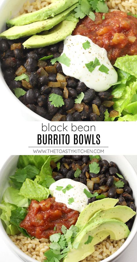 Black bean burrito bowls recipe by The Toasty Kitchen. Black bean burrito bowls are easy to make at home and enjoy all week long. Seasoned black beans and rice are topped with your favorite toppings like salsa, sliced avocado, and cilantro. #burritobowls #blackbeanburritobowls #blackbeans #vegetarian #homemade #dinnerideas #makeahead #mealprep #recipe Bean Meals, Mealprep Recipe, Seasoned Black Beans, Black Bean Burrito, Slow Cooker Beans, Bean Burrito, Avocado Bowl, Burrito Bowls Recipe, Sliced Avocado