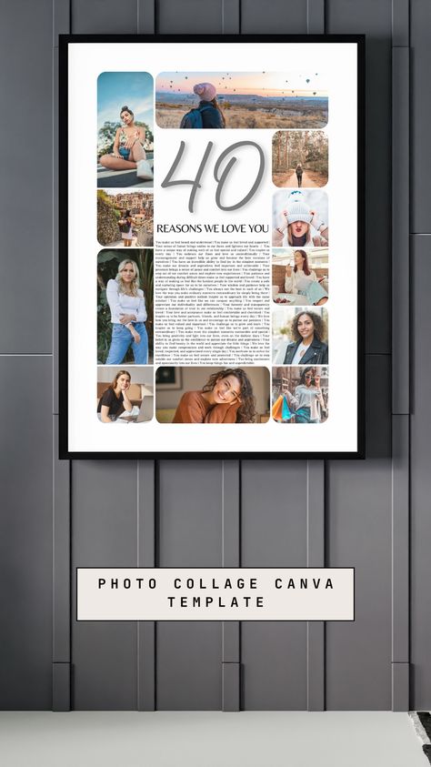 Celebrate a milestone with our "40 Reasons We Love You" photo collage template for a 40th birthday. Featuring 11 frames for your photos, this design lets you highlight 40 reasons why someone is special.   #40thBirthday #PhotoCollage #LoveYou #40Reasons #CustomTemplate #MemoryLane #PersonalizedGift #Keepsake #BirthdayGift #SpecialOccasion #CreativeGifts #PhotoFrames #DIYGift #UniquePresent #CollageMaker Birthday Photo Collage, Birthday Collage, Fairy Lights Bedroom, Lights Bedroom, Photo Collage Template, Collage Template, Custom Templates, 40th Birthday Gifts, Birthday Photo