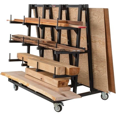 T34007 Lumber and Plywood Cart   Efficient storage for lumber, plywood, drywall, and long materials.   Are you tired of struggling to organize and store your plywood, drywall, lumber, and other lengthy materials? The Grizzly T34007 Lumber and Plywood Cart is the versatile solution you've been waiting for.   Two-in-One Design   This innovative cart not only provides a neat storage solution for lumber and long materials but also dedicates half of its space to securely hold sheet goods such as plyw Small Wood Storage Ideas, Wood Storage On Wheels, Work Bench Design, Mobile Wood Storage Cart, Wood Rack Lumber, Plywood Storage Ideas, Garage Wood Storage, Work Shop Organization, Plywood Storage Rack