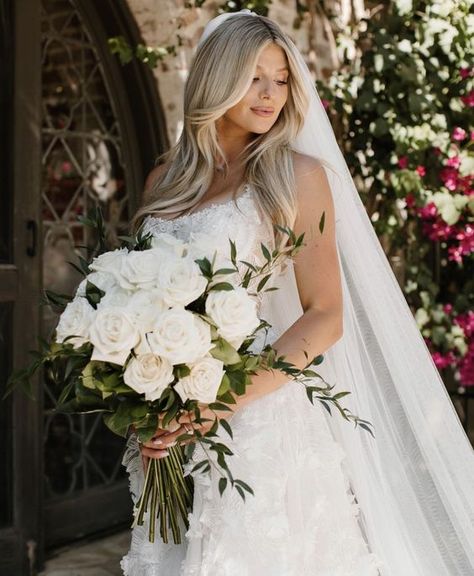 Bridal Bouquet Ideas White Roses, Greens And White Wedding Flowers, Big Bride Bouquet, White Roses Peonies Bouquet, White Roses Centerpieces Long Tables, Classy White Bouquet, Wedding Flowers Traditional, Simple Classic Wedding Bouquet, Timeless Bride Bouquet