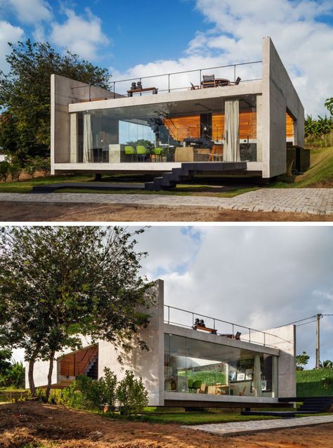 13 Modern House Exteriors Made From Concrete | The mostly concrete exterior of this house gives it a rough look that's softened and warmed up by the use of wood at the back of the house. Concrete Modern House, Concrete House Plans, Modern Concrete House, Concrete House Design, Architecture Art Nouveau, Contemporary House Exterior, Concrete Houses, Concrete Home, Concrete House